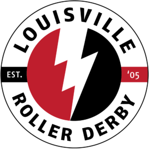 Louisville Roller Derby established 2005 - Red and black lightning bolt logo
